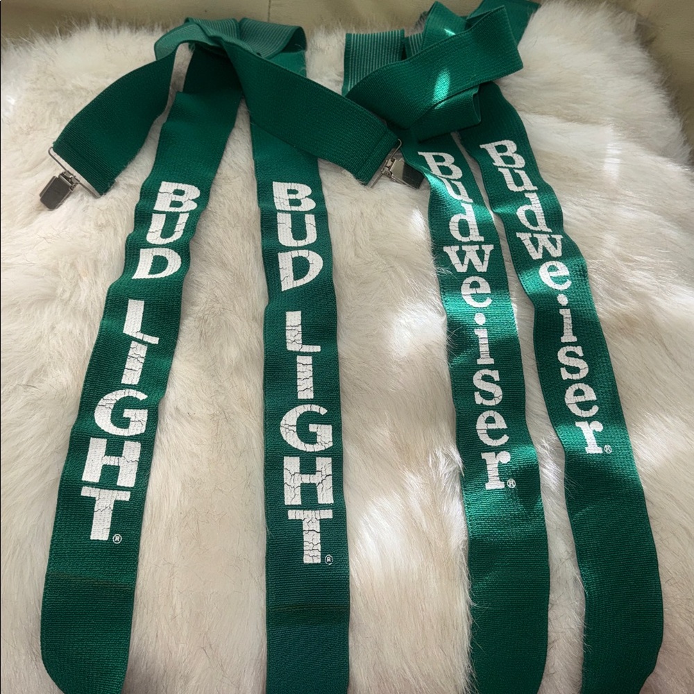 Budweiser and Bud Light Green Suspenders 2 pairs. Vintage two inch wide